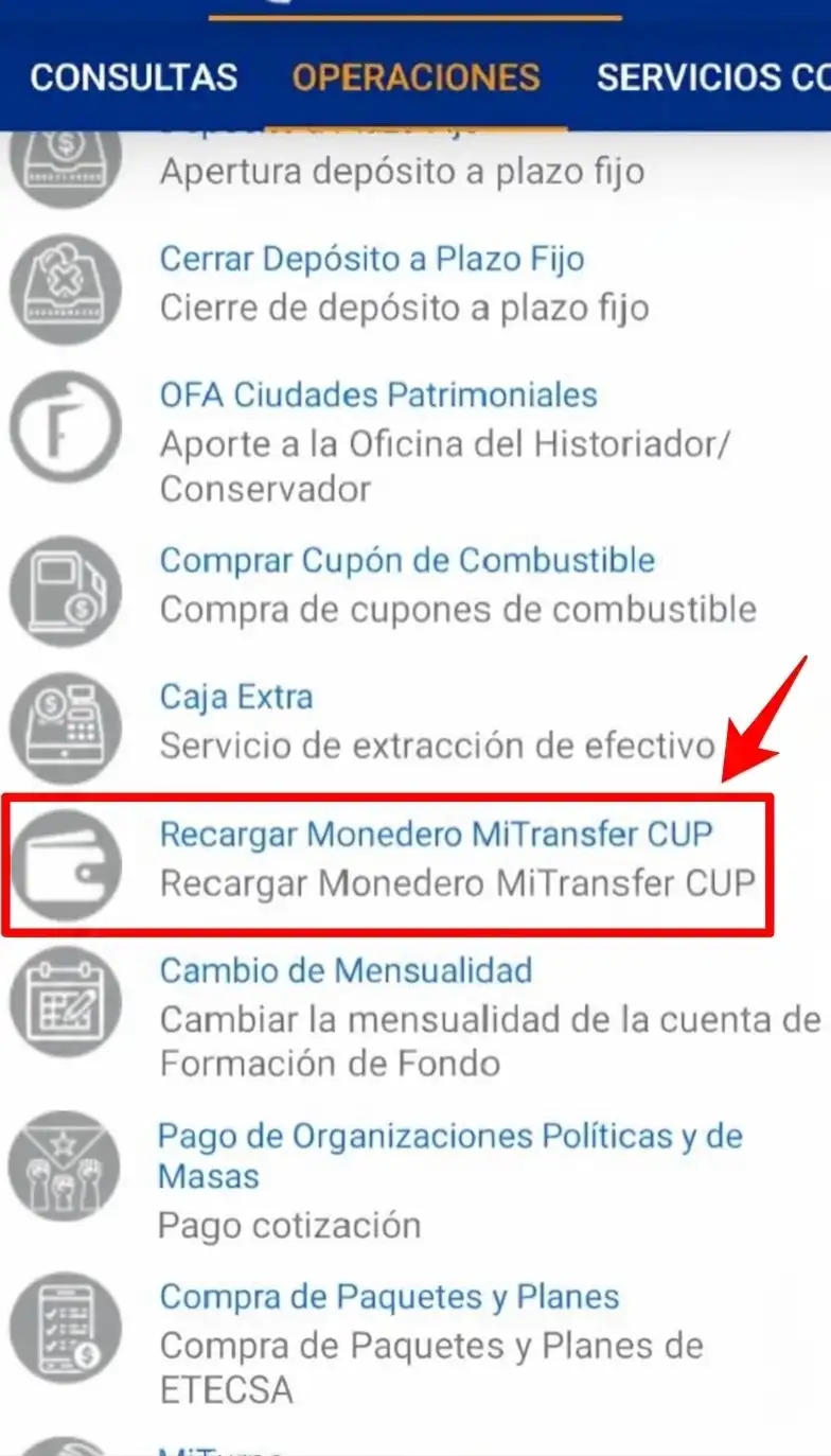 Guía: Seleccionar Recargar Monedero MiTransfer CUP en Transfermóvil